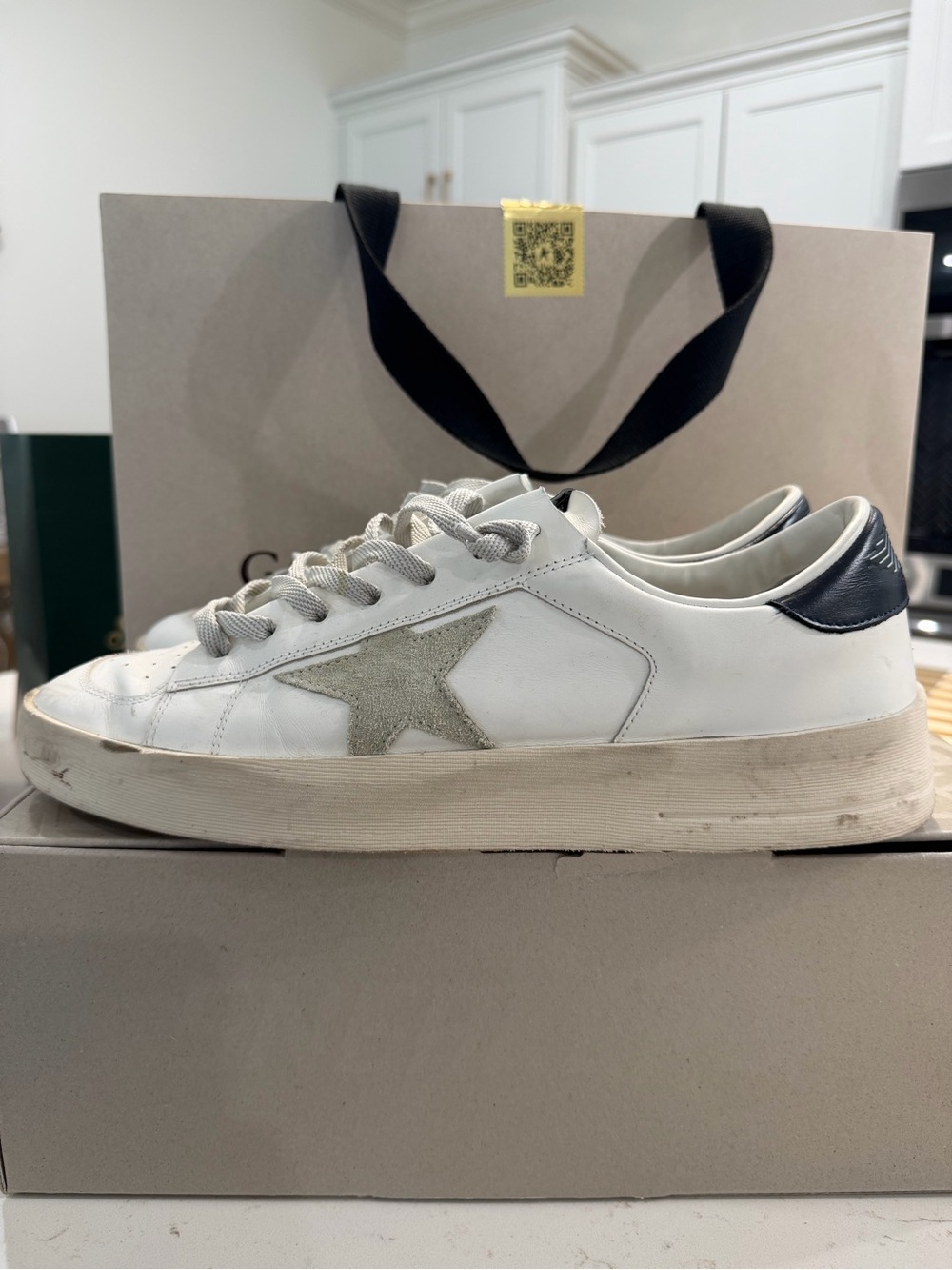 Golden Goose StarDan White Leather Low-Top Sneakers with Gray Star and Navy Heel - Picture 2 of 8